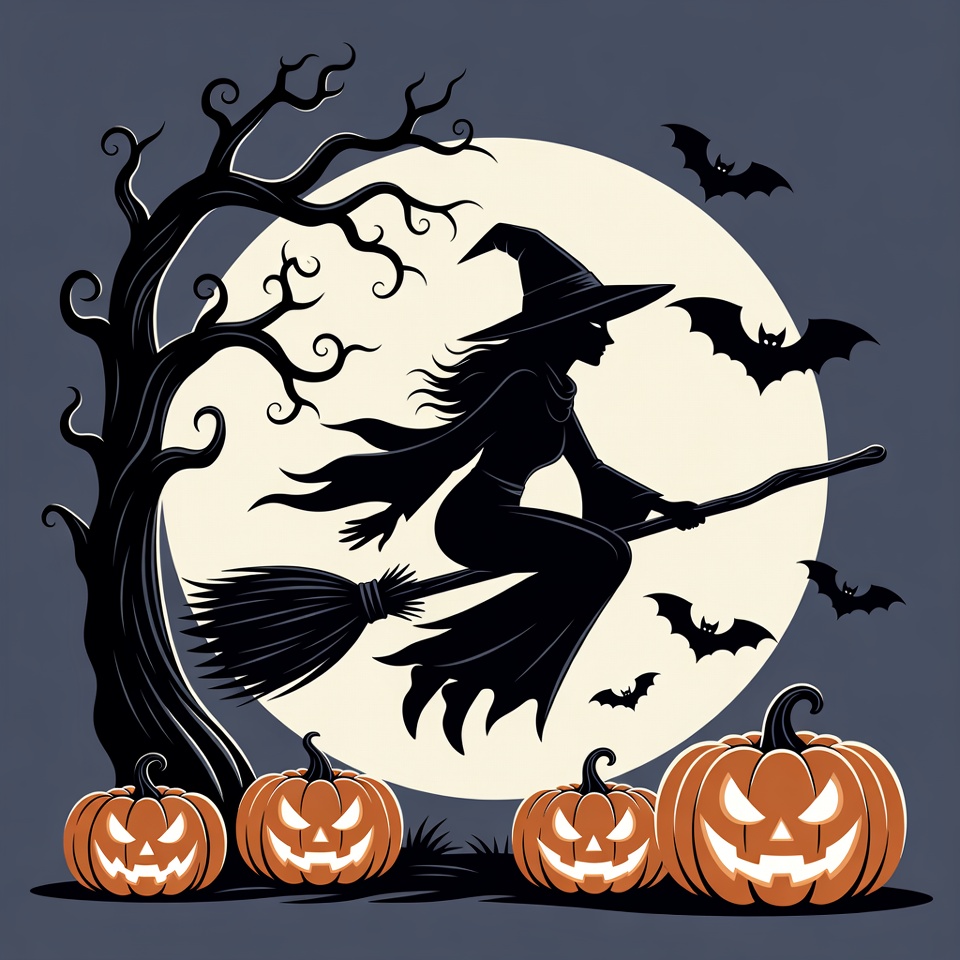 Silhouette Witch Flying on Broomstick Halloween Silhouette Witch Flying on Broomstick Halloween