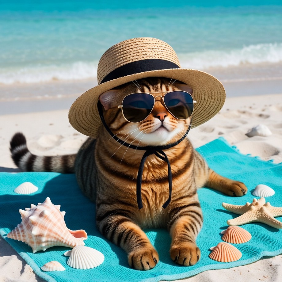 Cat Wearing Hat and Sunglasses on Beach Cat Wearing Hat and Sunglasses on Beach