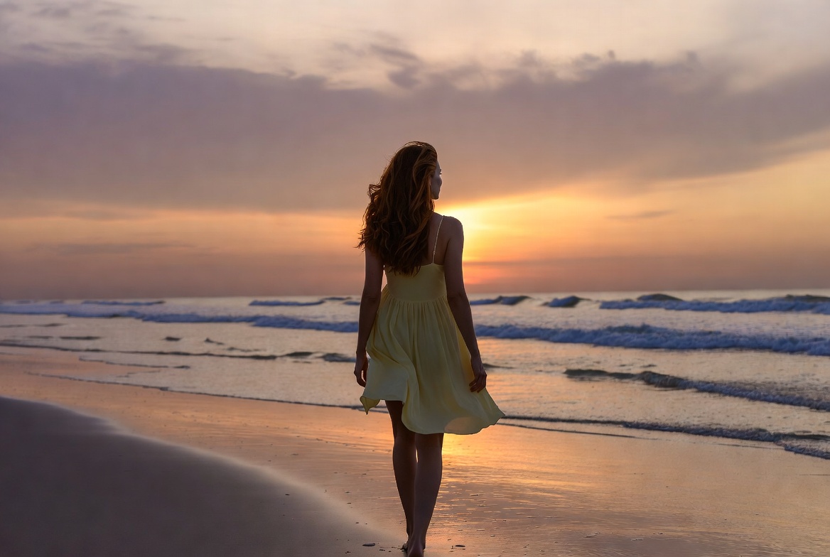 Woman in yellow dress at sunset beach Woman in yellow dress at sunset beach