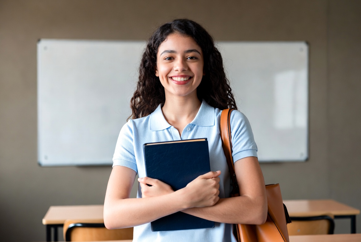 Smiling Latina teacher holding book Smiling Latina teacher holding book