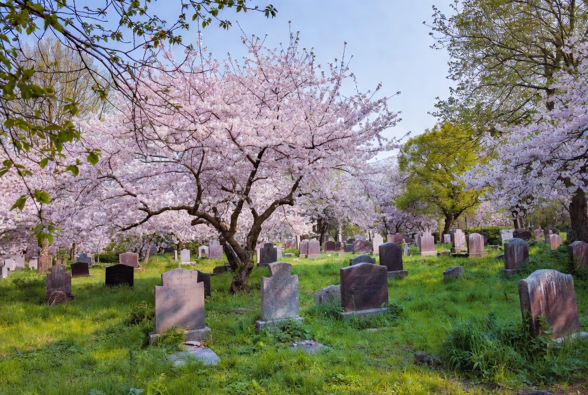 Cherry Blossoms Over Cemetery Gravestones Cherry Blossoms Over Cemetery Gravestones