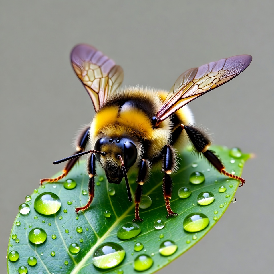 Bumblebee on dewy leaf Bumblebee on dewy leaf