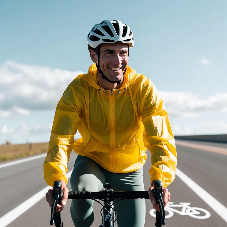 Man cycling in yellow rain jacket Man cycling in yellow rain jacket