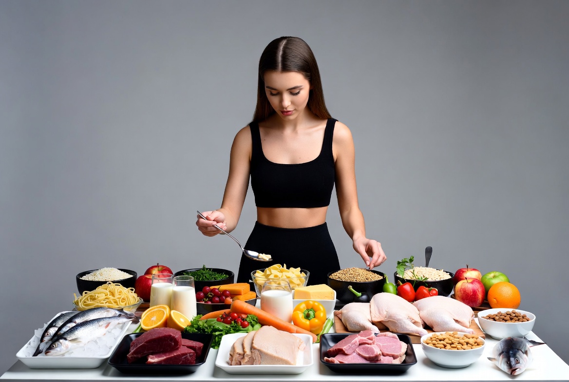 Woman at balanced diet food table Woman at balanced diet food table