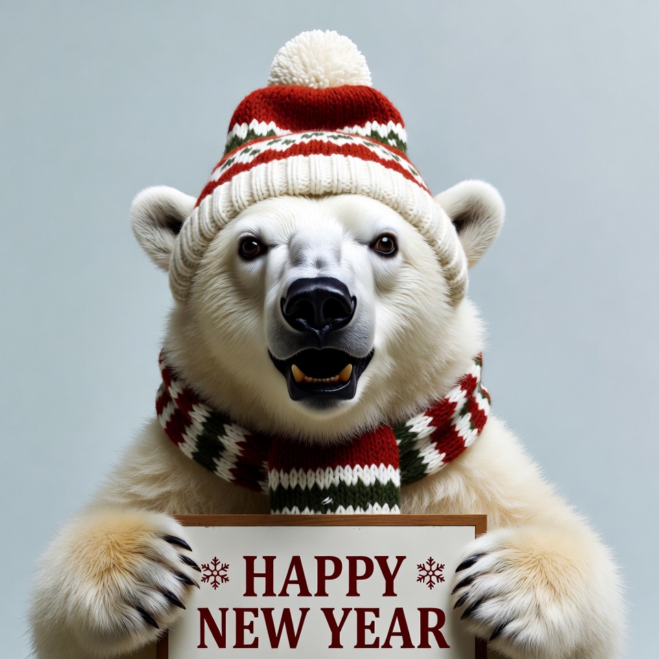 Polar Bear Holding Happy New Year Sign Polar Bear Holding Happy New Year Sign
