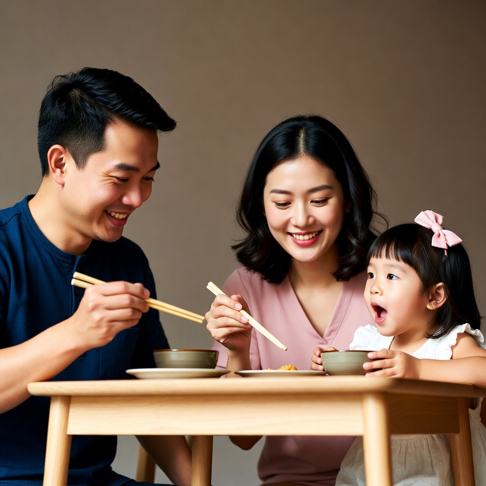 Asian family eating with chopsticks Asian family eating with chopsticks
