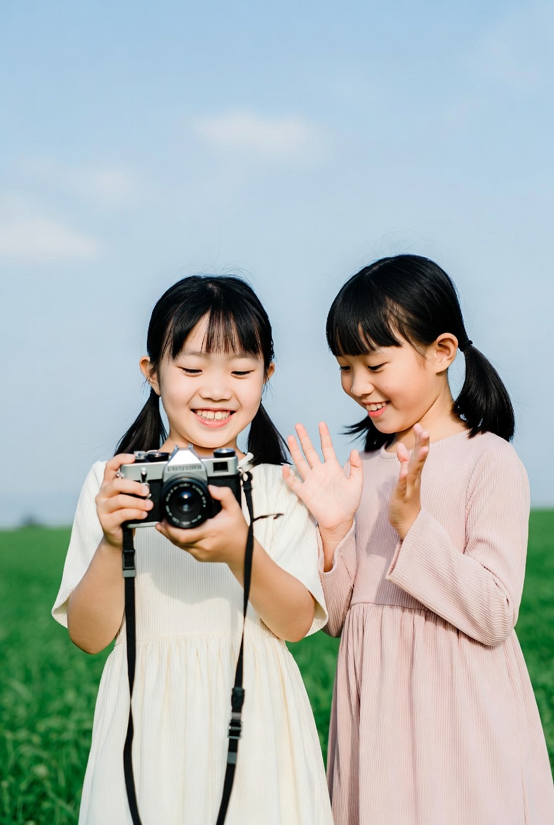 Asian girls holding camera outdoors Asian girls holding camera outdoors