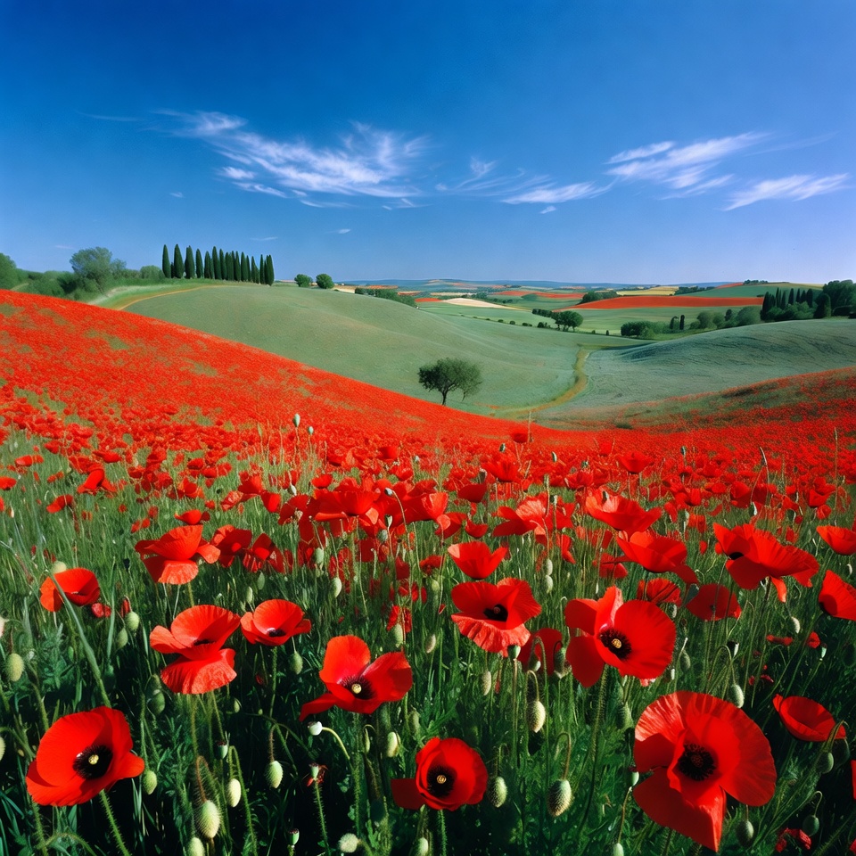 Red Poppy Fields in Tuscany Hills Red Poppy Fields in Tuscany Hills