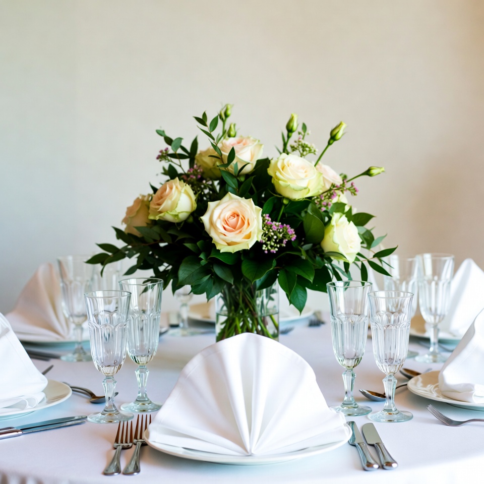 Pink Roses Bouquet on Elegant Table Pink Roses Bouquet on Elegant Table
