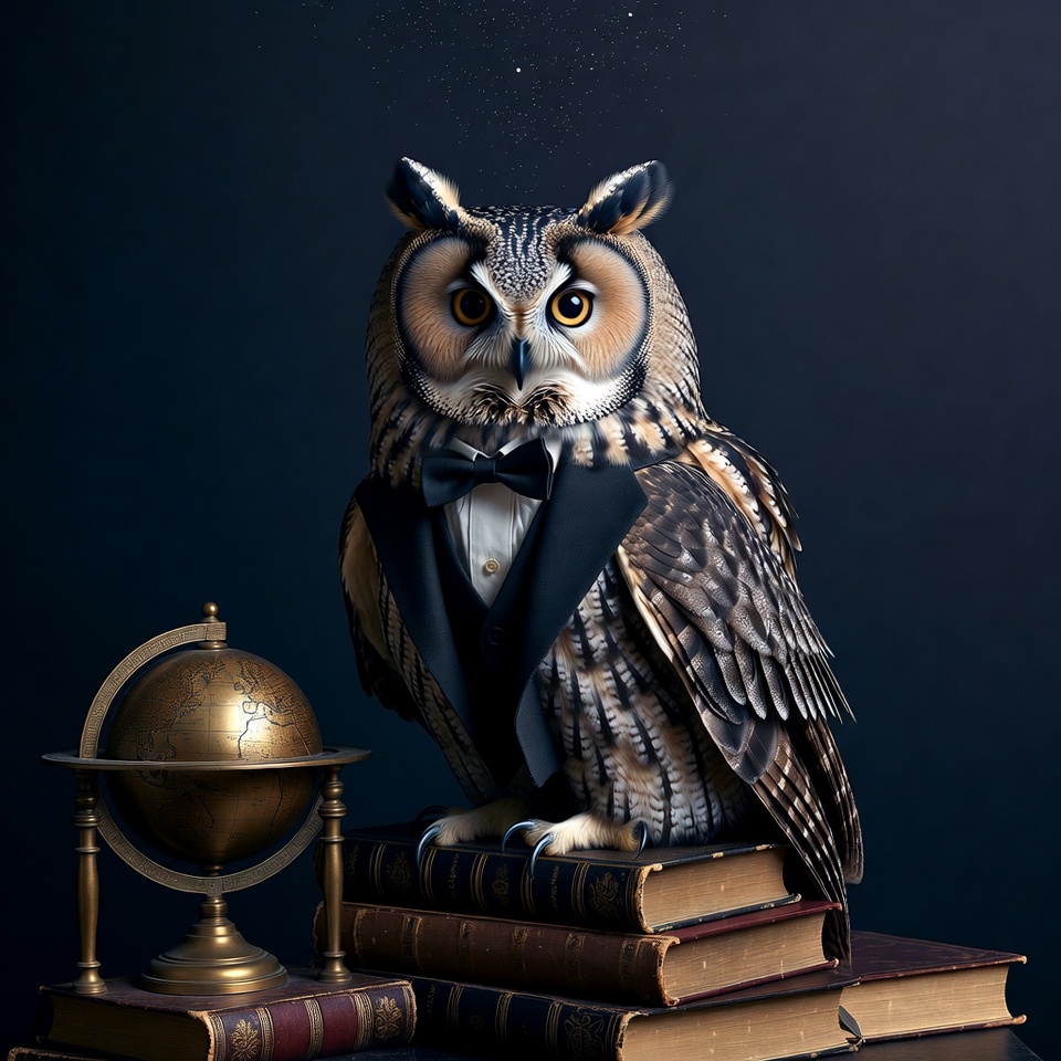 Owl in Tuxedo with Globe and Books Owl in Tuxedo with Globe and Books