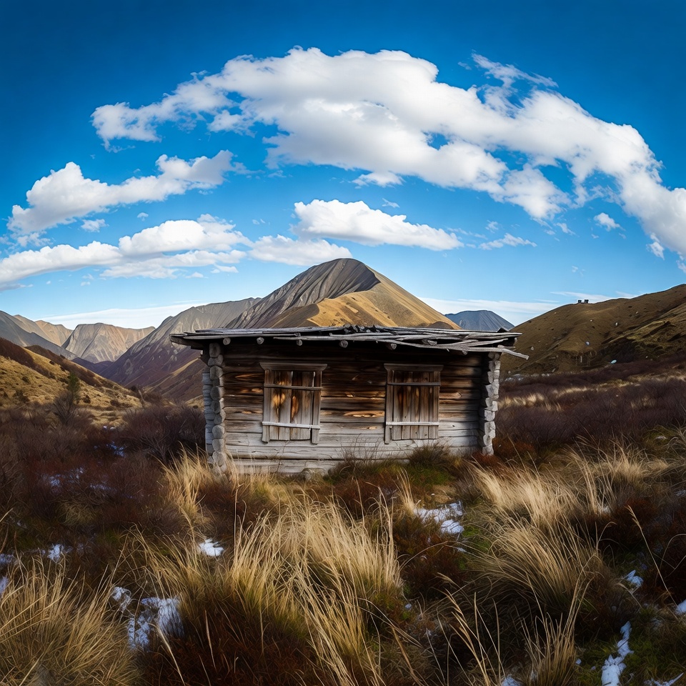 Old wooden cabin in snowy mountains Old wooden cabin in snowy mountains