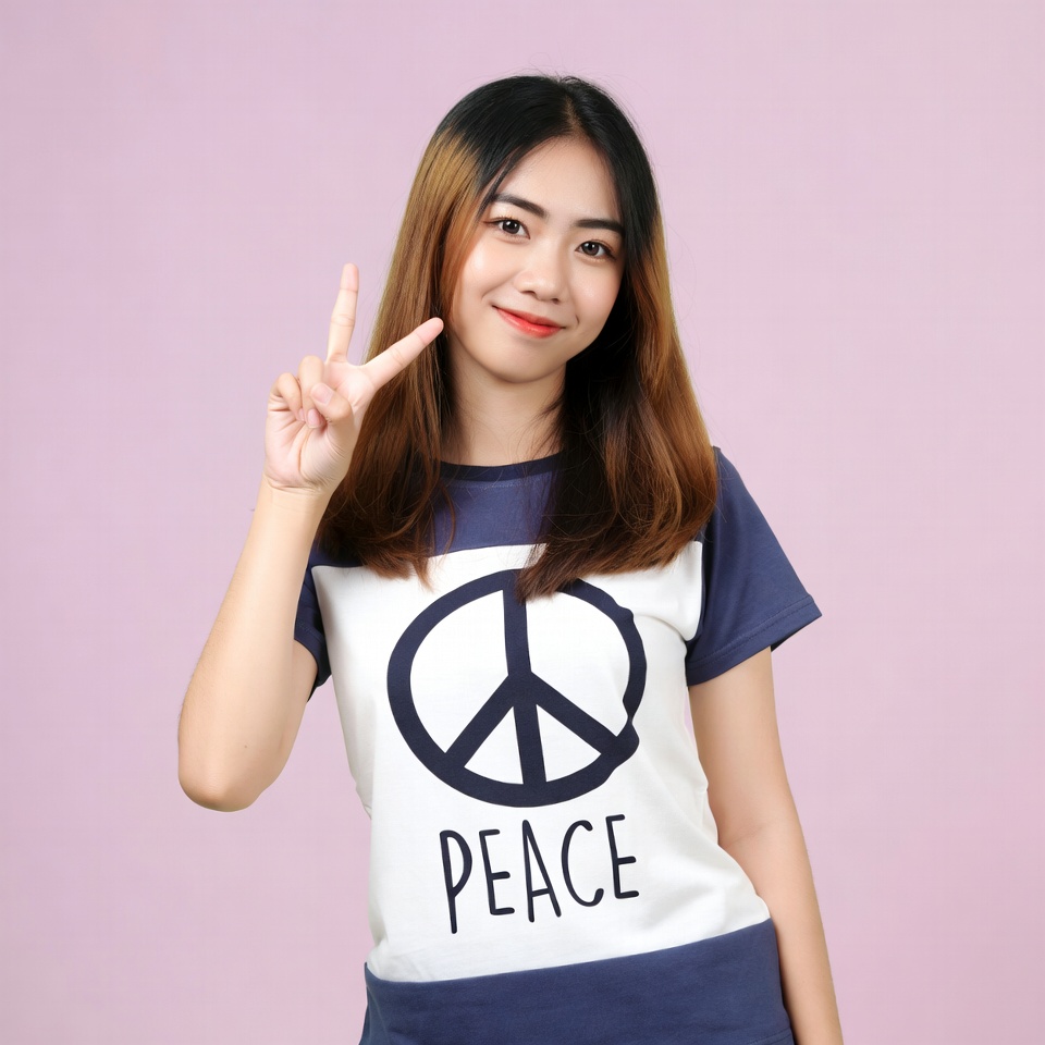 Asian woman peace sign pink background Asian woman peace sign pink background