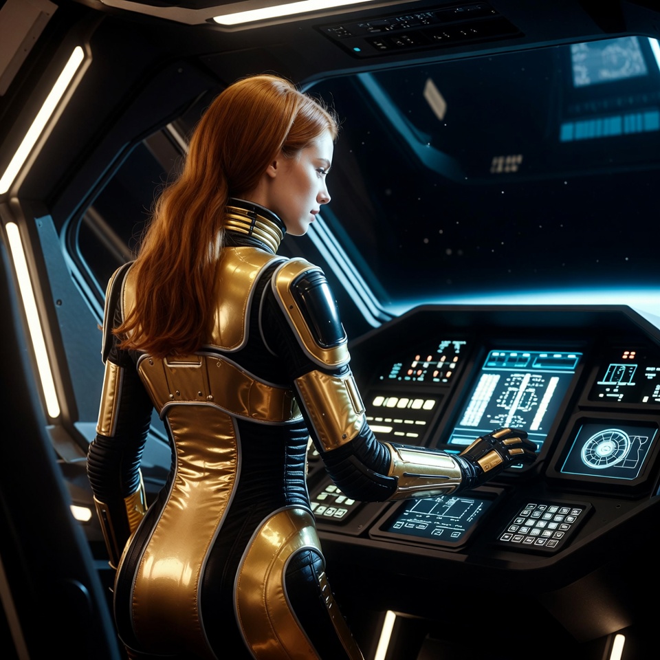 Redhead woman piloting spaceship cockpit Redhead woman piloting spaceship cockpit