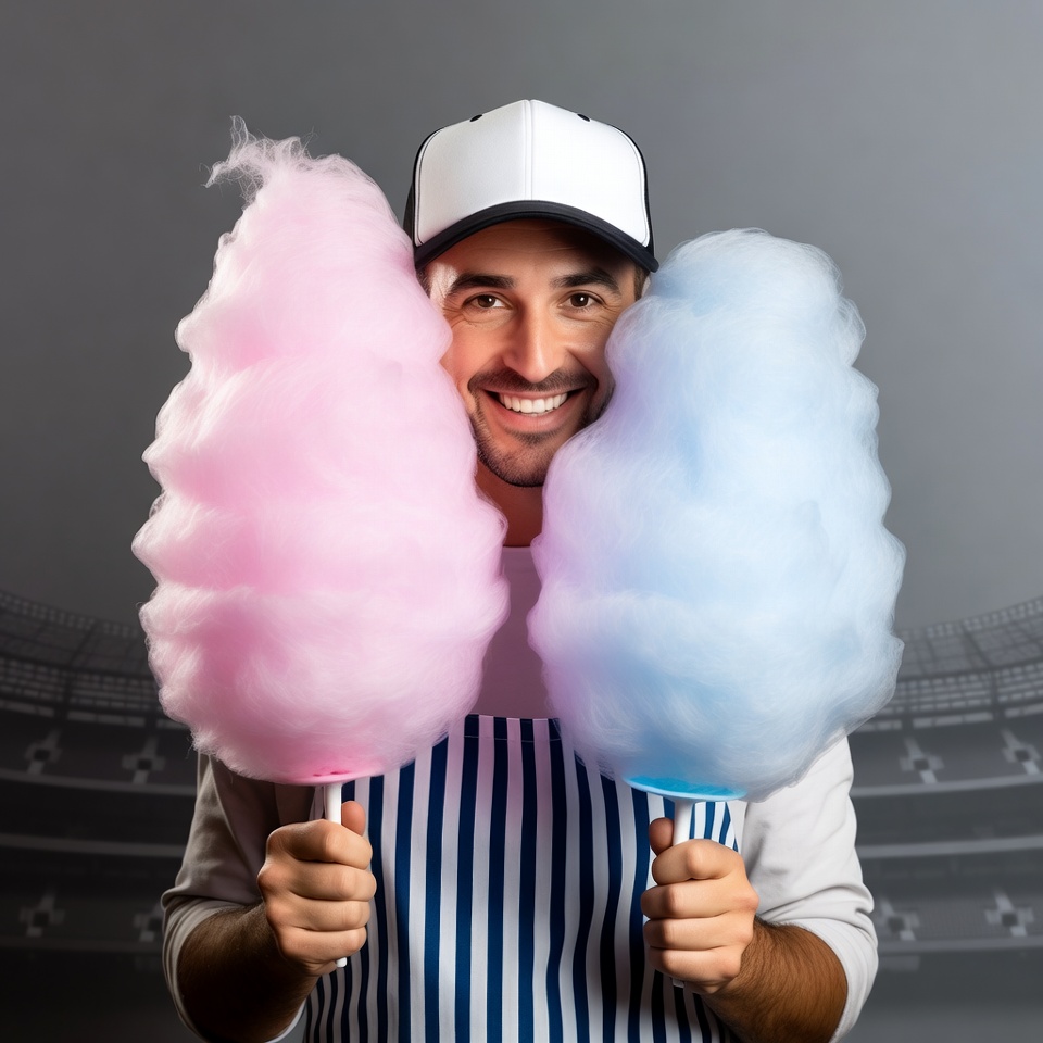 Man holding pink and blue cotton candy Man holding pink and blue cotton candy