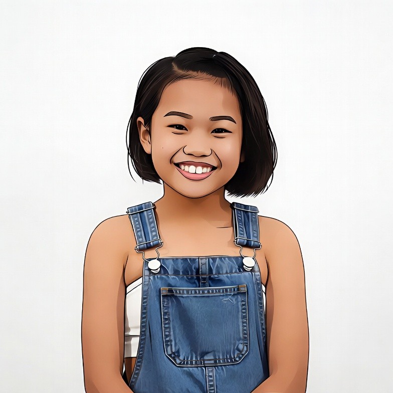 Asian girl in blue overalls smiling Asian girl in blue overalls smiling