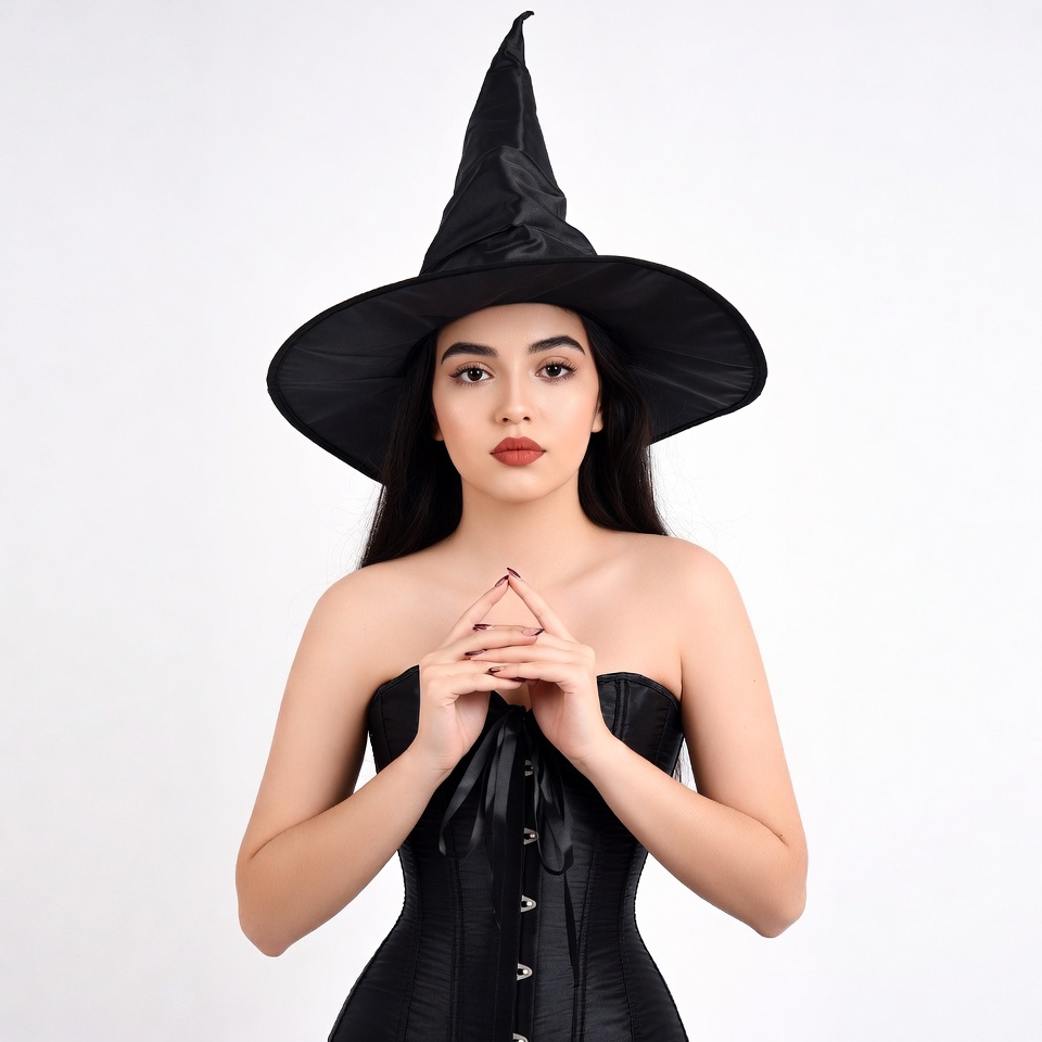 Woman in black witch hat and corset Woman in black witch hat and corset