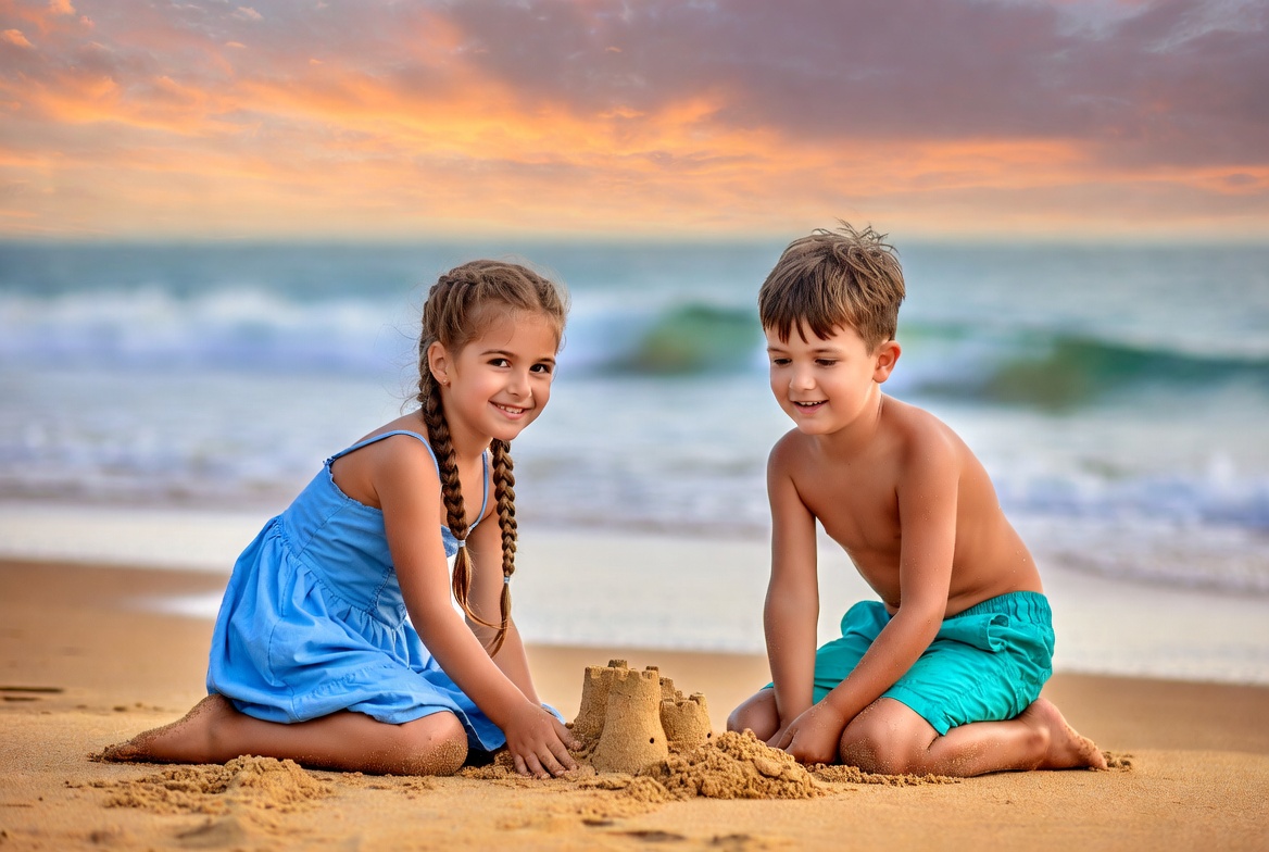 Boy and Girl Building Sandcastle on Beach Boy and Girl Building Sandcastle on Beach
