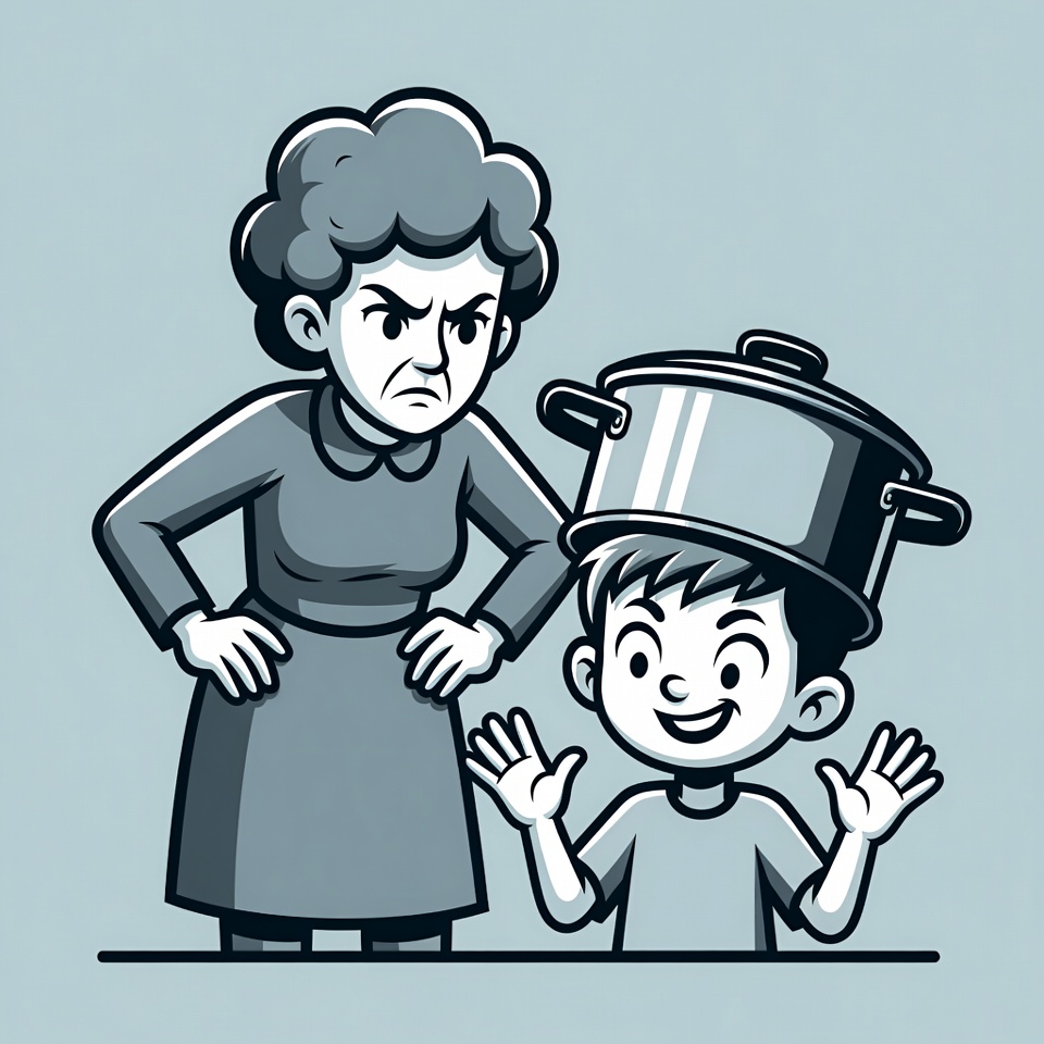 Angry grandma and boy with pot hat Angry grandma and boy with pot hat