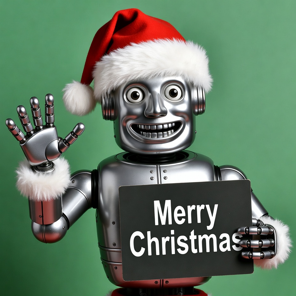 Robot waving Merry Christmas sign Robot waving Merry Christmas sign