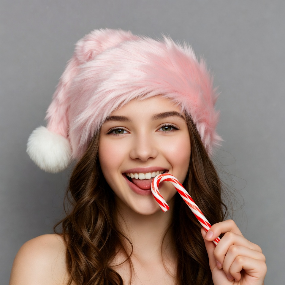Girl licking pink Santa hat candy cane Girl licking pink Santa hat candy cane
