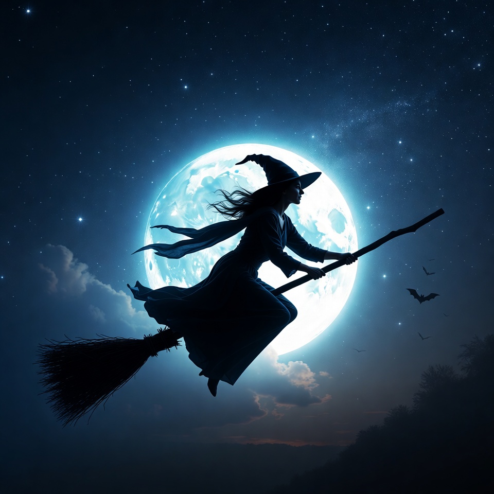 Silhouette witch flying on broomstick Silhouette witch flying on broomstick