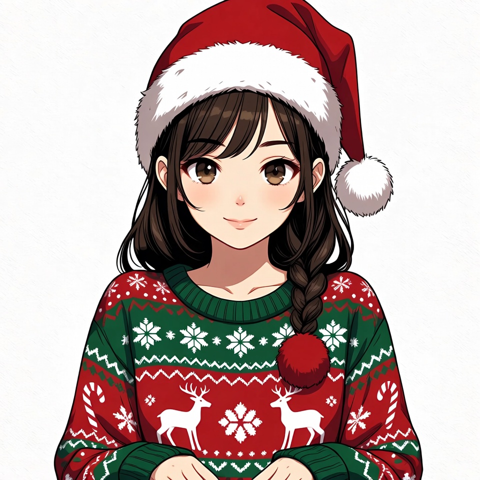 Anime girl in Santa hat and sweater Anime girl in Santa hat and sweater