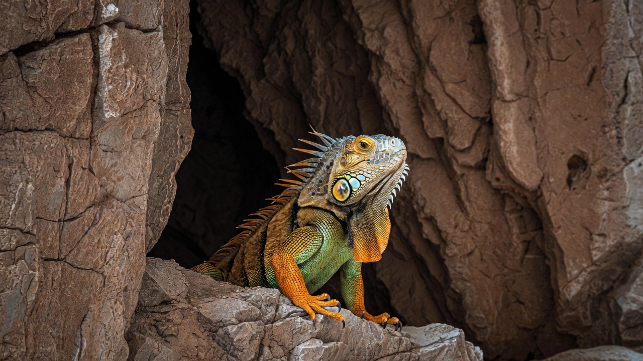 Iguana emerging from rock cave Iguana emerging from rock cave