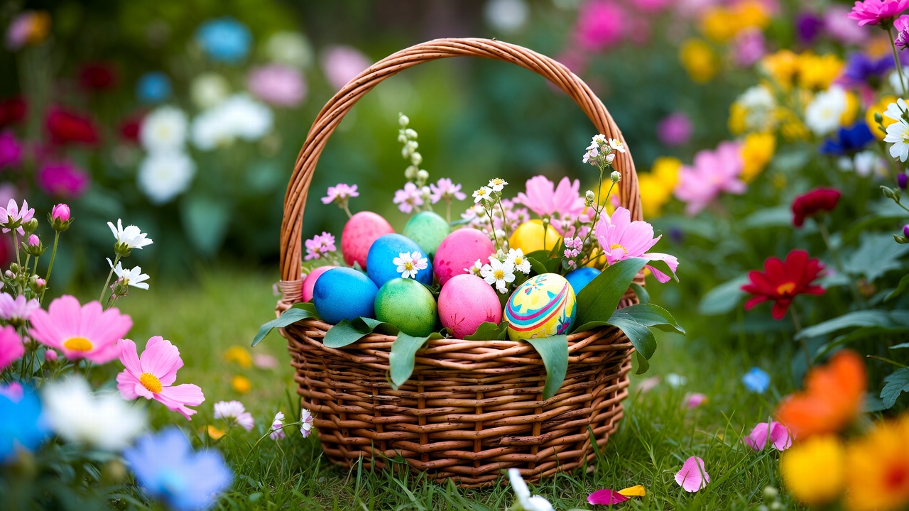 Colorful Easter eggs in woven basket Colorful Easter eggs in woven basket