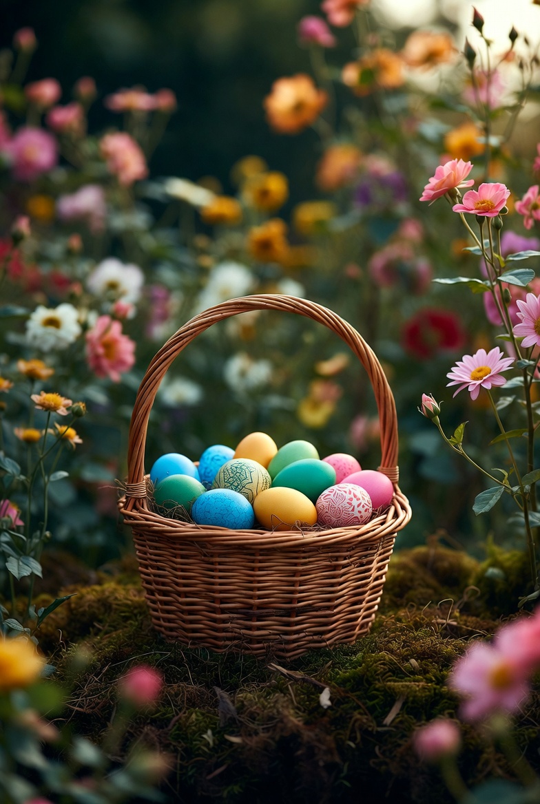 Colorful Easter eggs in woven basket Colorful Easter eggs in woven basket