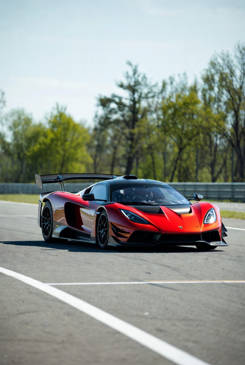 Red Hennessey Venom F5 Supercar on Track Red Hennessey Venom F5 Supercar on Track