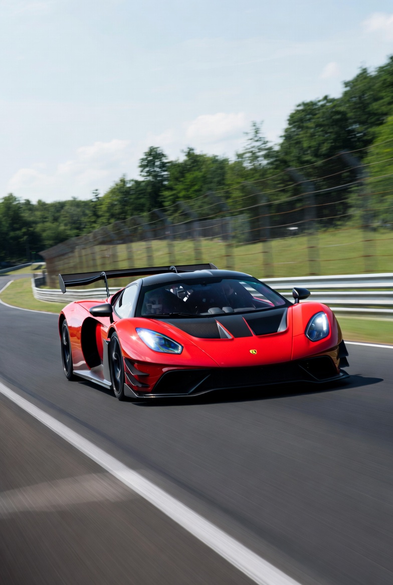Red Lotus Evija Supercar on Racetrack Red Lotus Evija Supercar on Racetrack