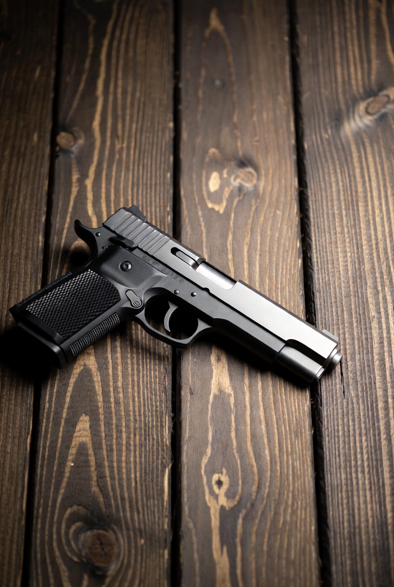 Black pistol on wooden surface Black pistol on wooden surface