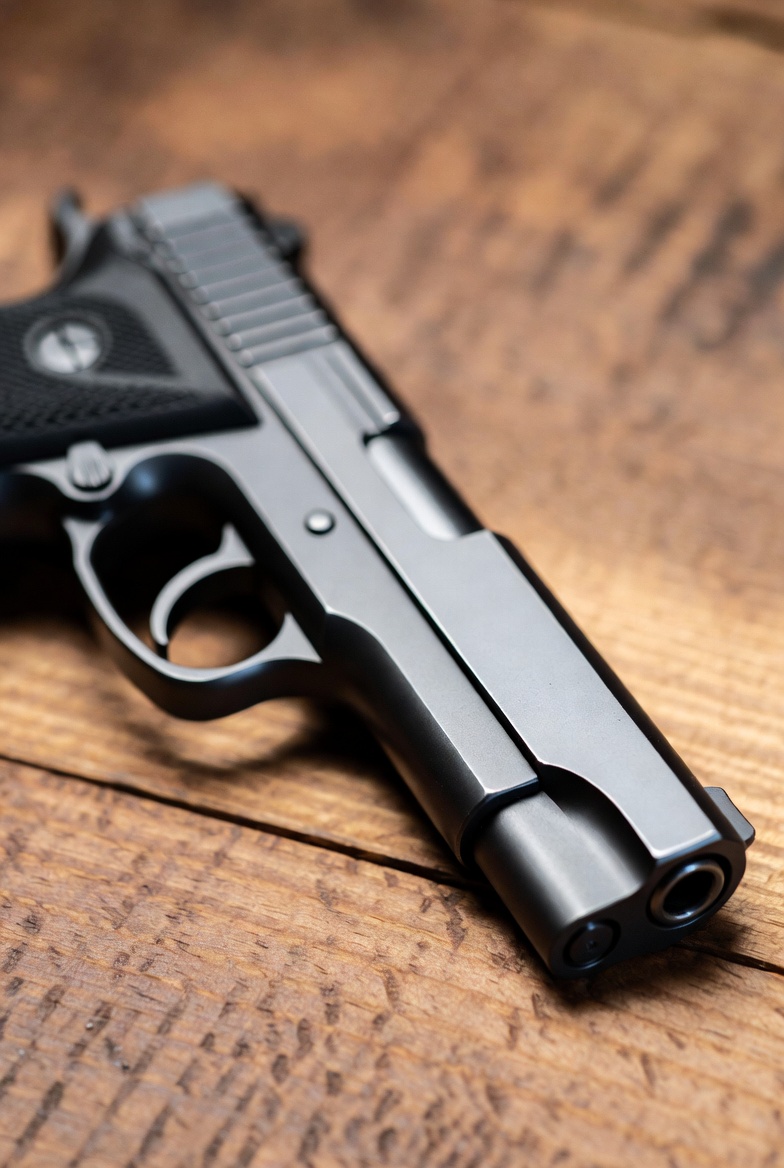 Black handgun on wooden table Black handgun on wooden table