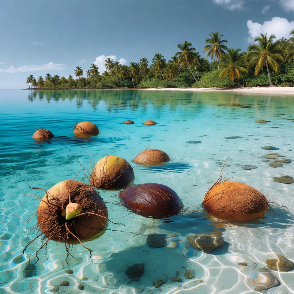 Coconuts Floating in Tropical Lagoon Coconuts Floating in Tropical Lagoon