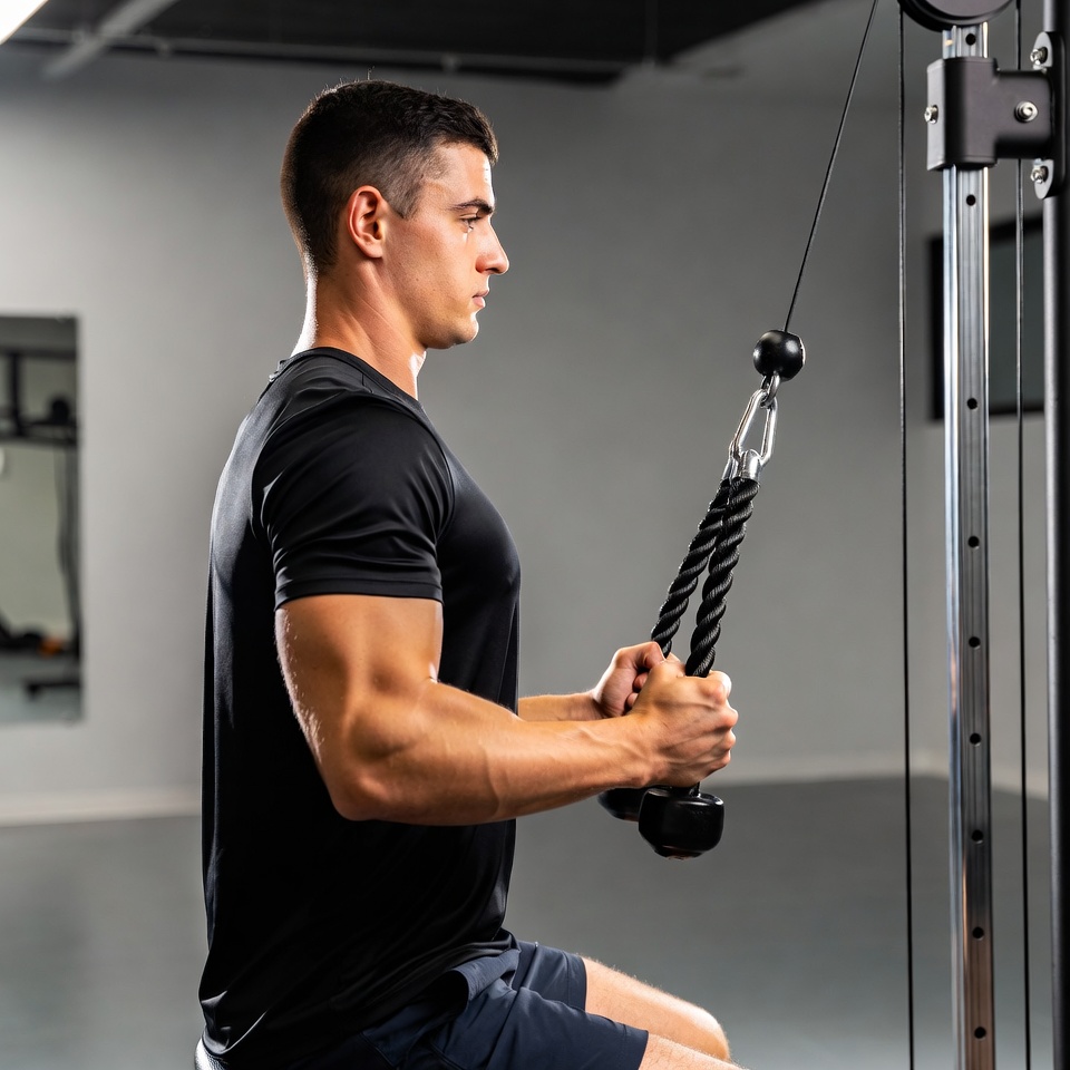Muscular man doing cable tricep pushdown Muscular man doing cable tricep pushdown