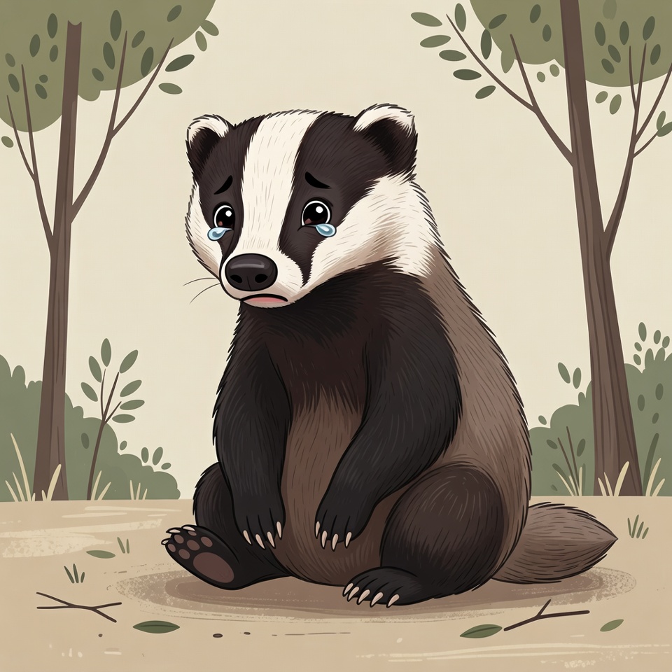 Sad badger crying in forest Sad badger crying in forest