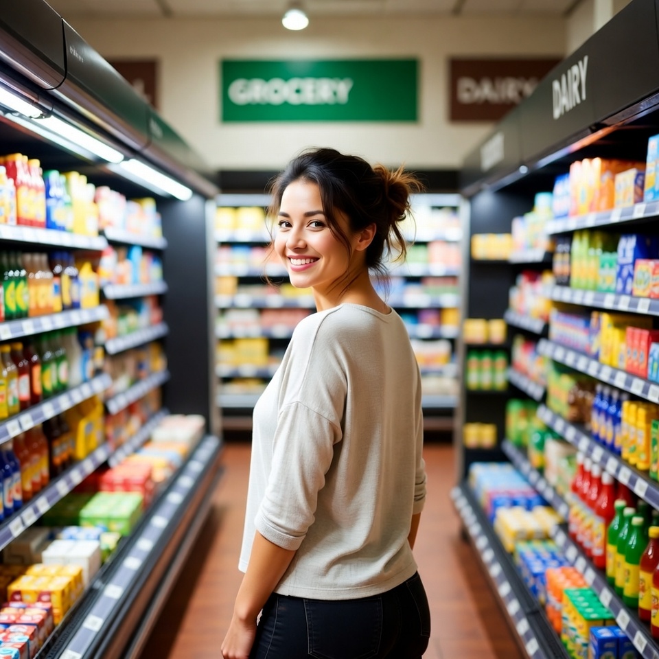 Smiling Latina woman in grocery aisle Smiling Latina woman in grocery aisle