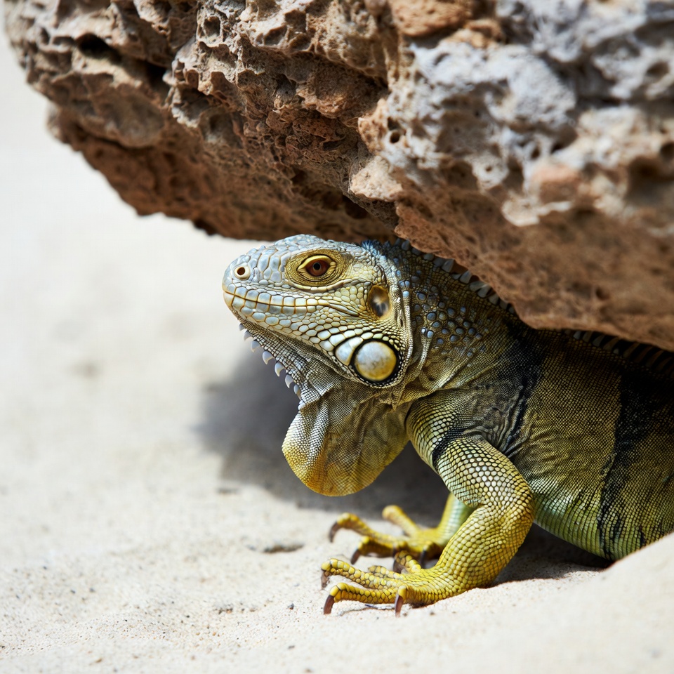 Iguana hiding under large rock Iguana hiding under large rock
