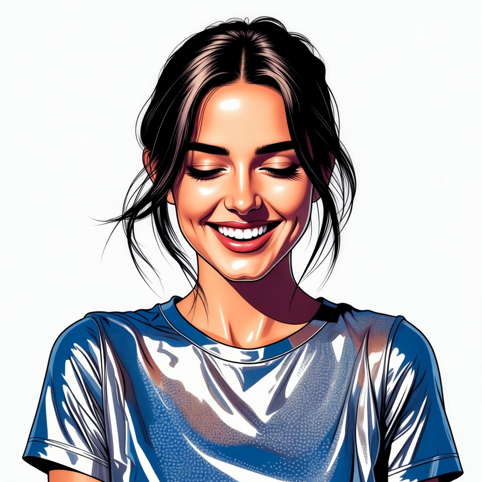 Smiling woman in shiny blue top Smiling woman in shiny blue top