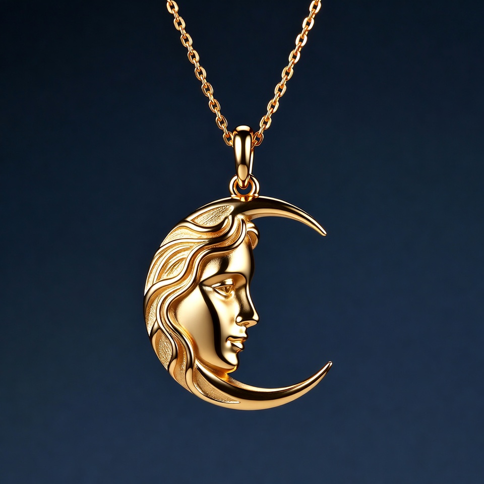 Gold Crescent Moon Necklace with Woman Face Gold Crescent Moon Necklace with Woman Face