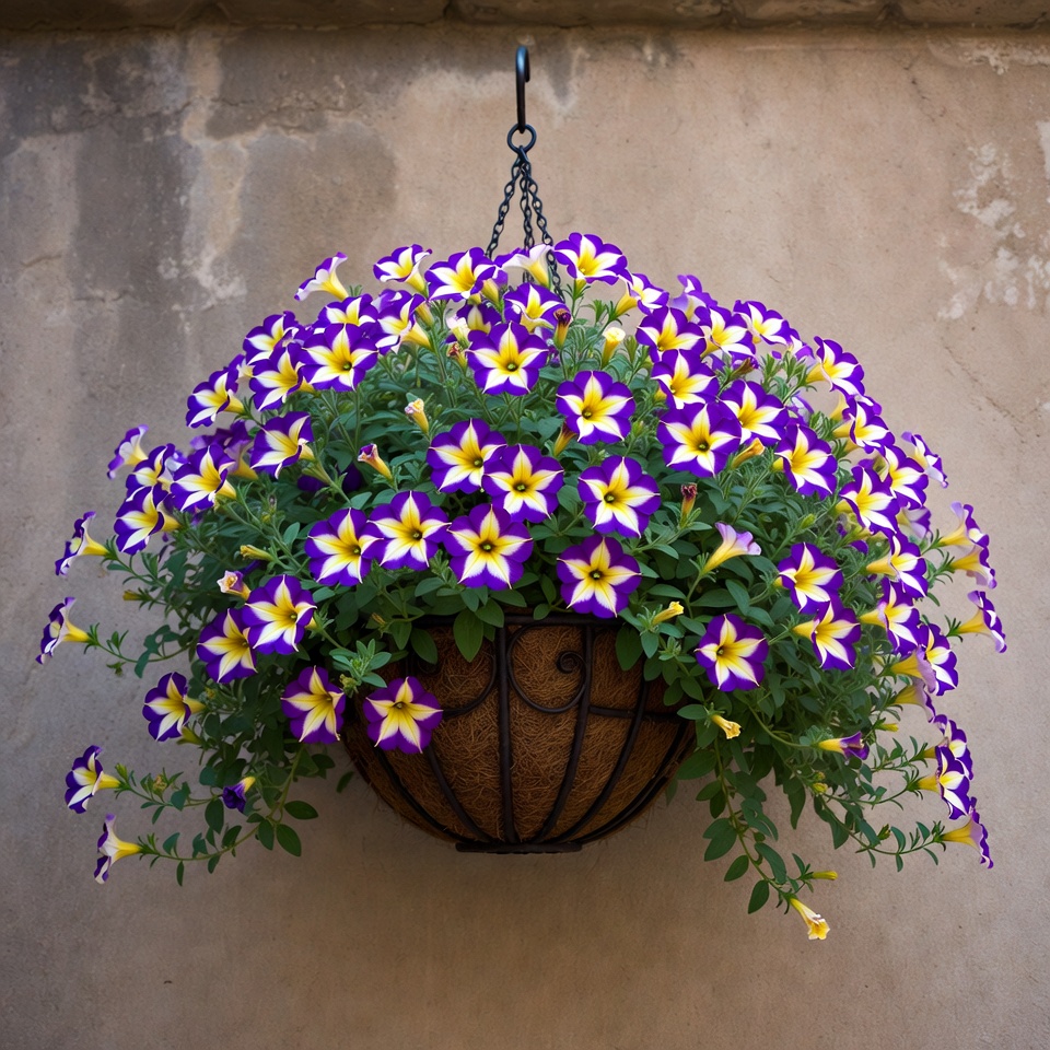 Purple Yellow Petunias in Hanging Basket Purple Yellow Petunias in Hanging Basket
