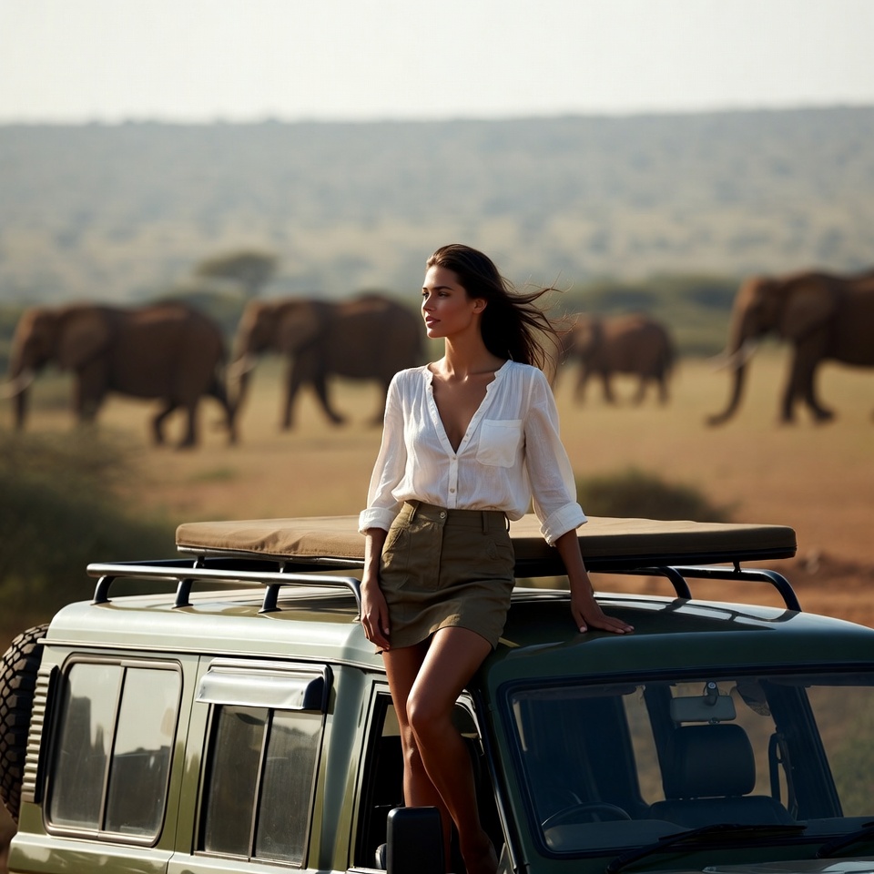 Woman on safari jeep with elephants Woman on safari jeep with elephants