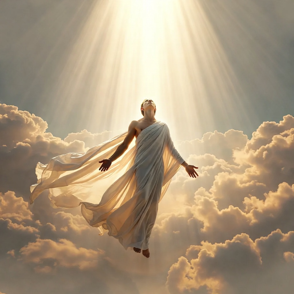 Man ascending in white robe among clouds Man ascending in white robe among clouds