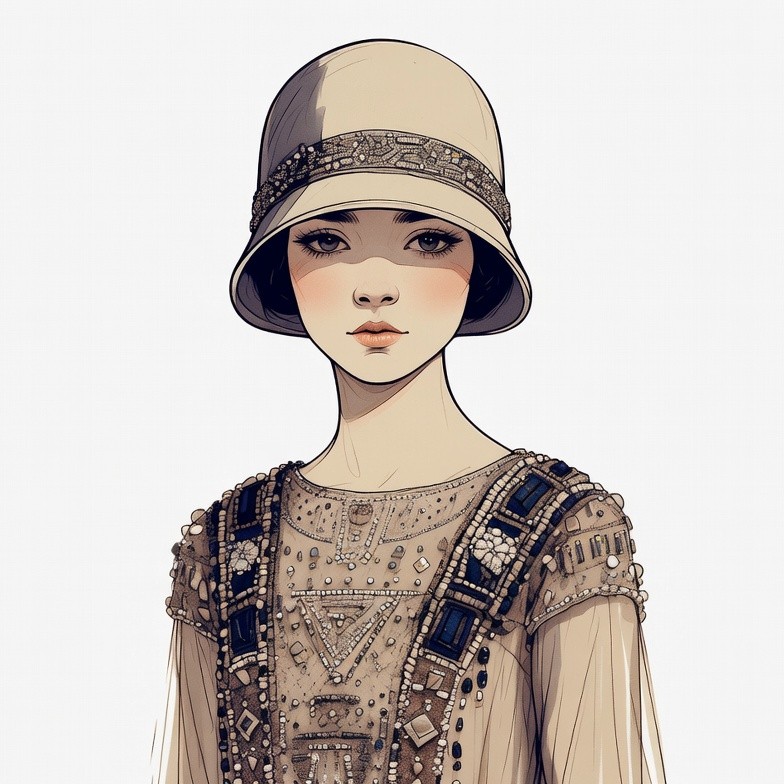 Woman in Beaded Flapper Dress and Cloche Hat Woman in Beaded Flapper Dress and Cloche Hat