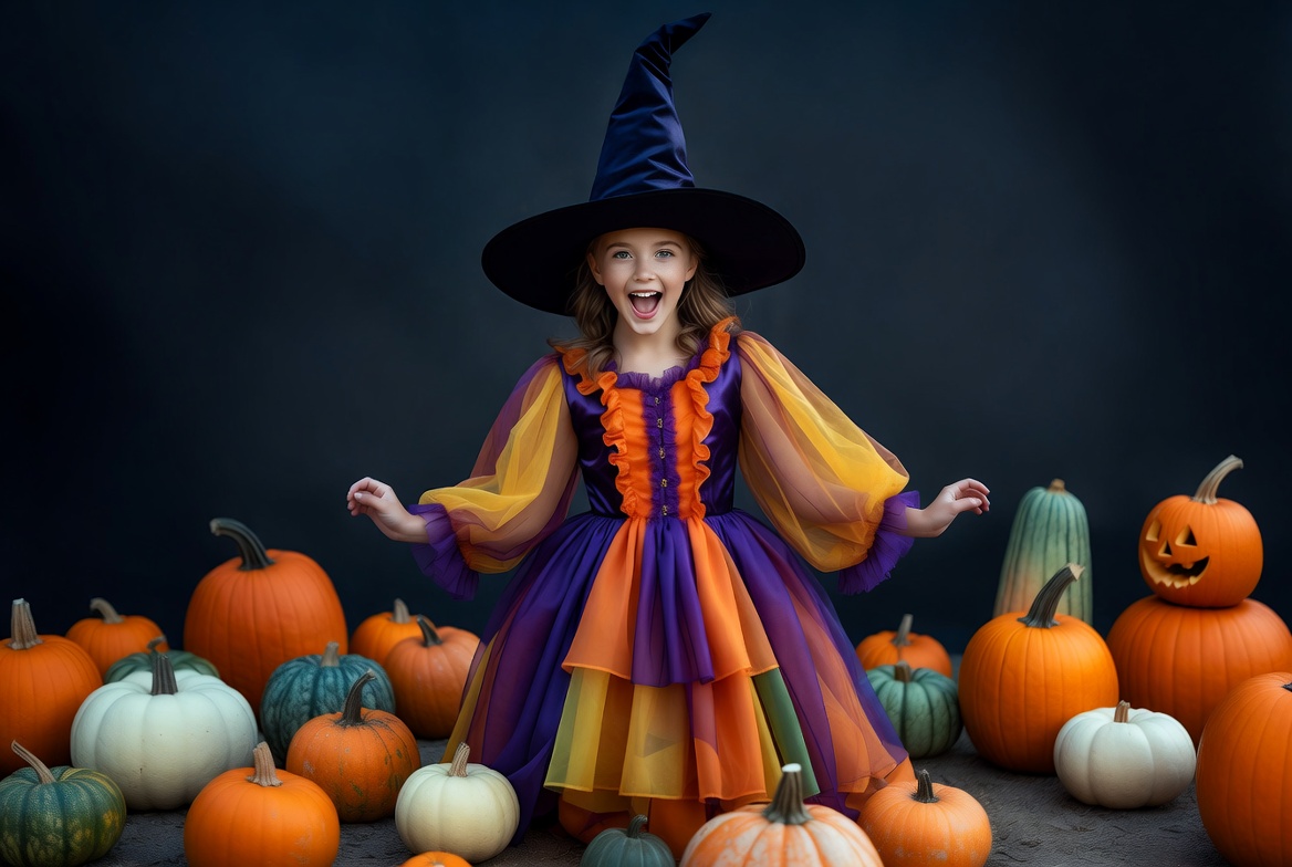 Girl in colorful witch costume with pumpkins Girl in colorful witch costume with pumpkins