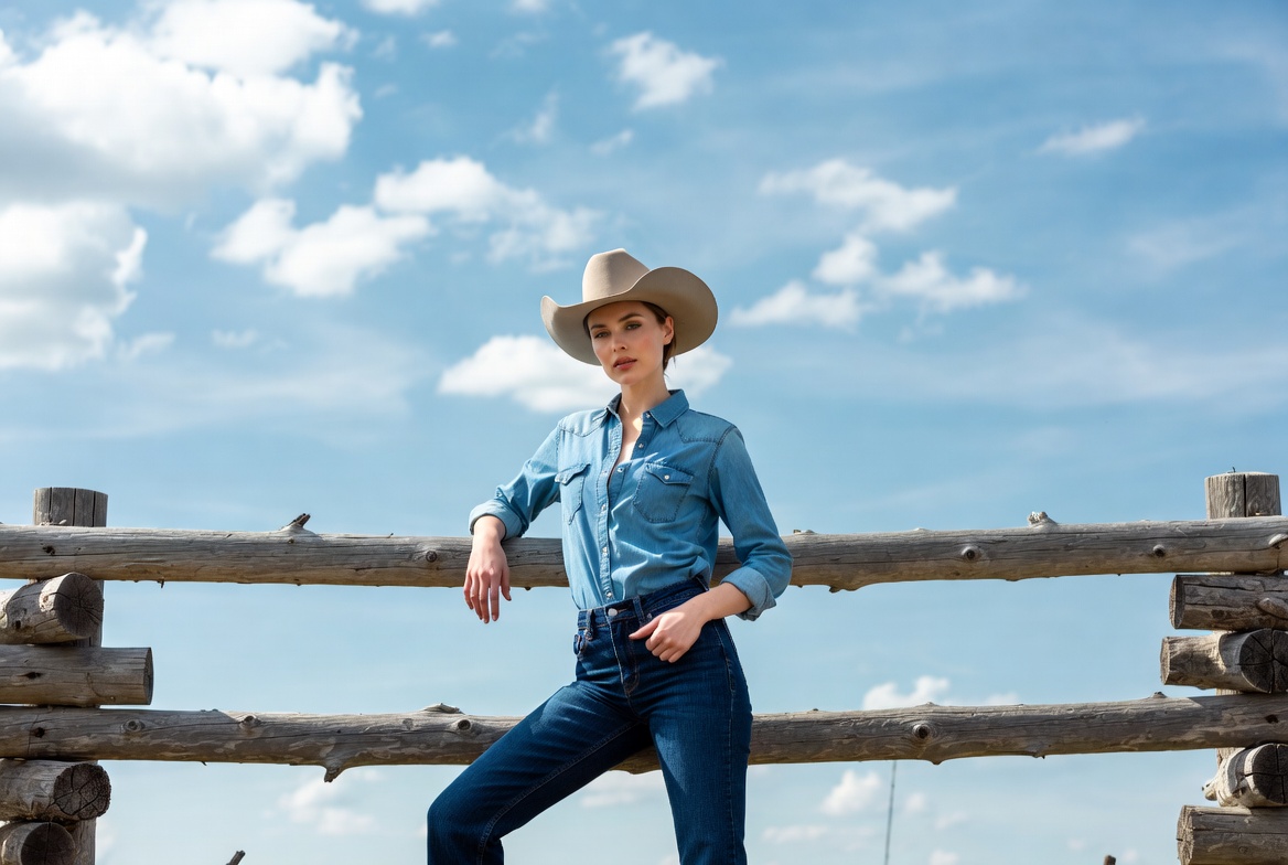 Woman in cowboy hat leaning on fence Woman in cowboy hat leaning on fence