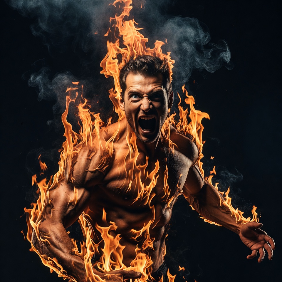 Muscular man engulfed in flames Muscular man engulfed in flames