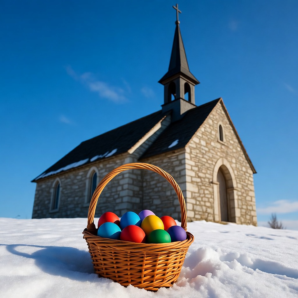 Colorful Easter Eggs Basket Church Snow Colorful Easter Eggs Basket Church Snow