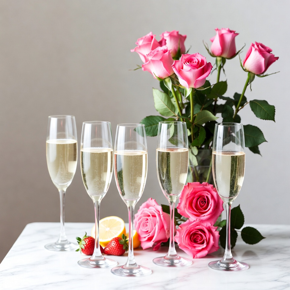 Champagne Glasses with Strawberries and Pink Roses Champagne Glasses with Strawberries and Pink Roses