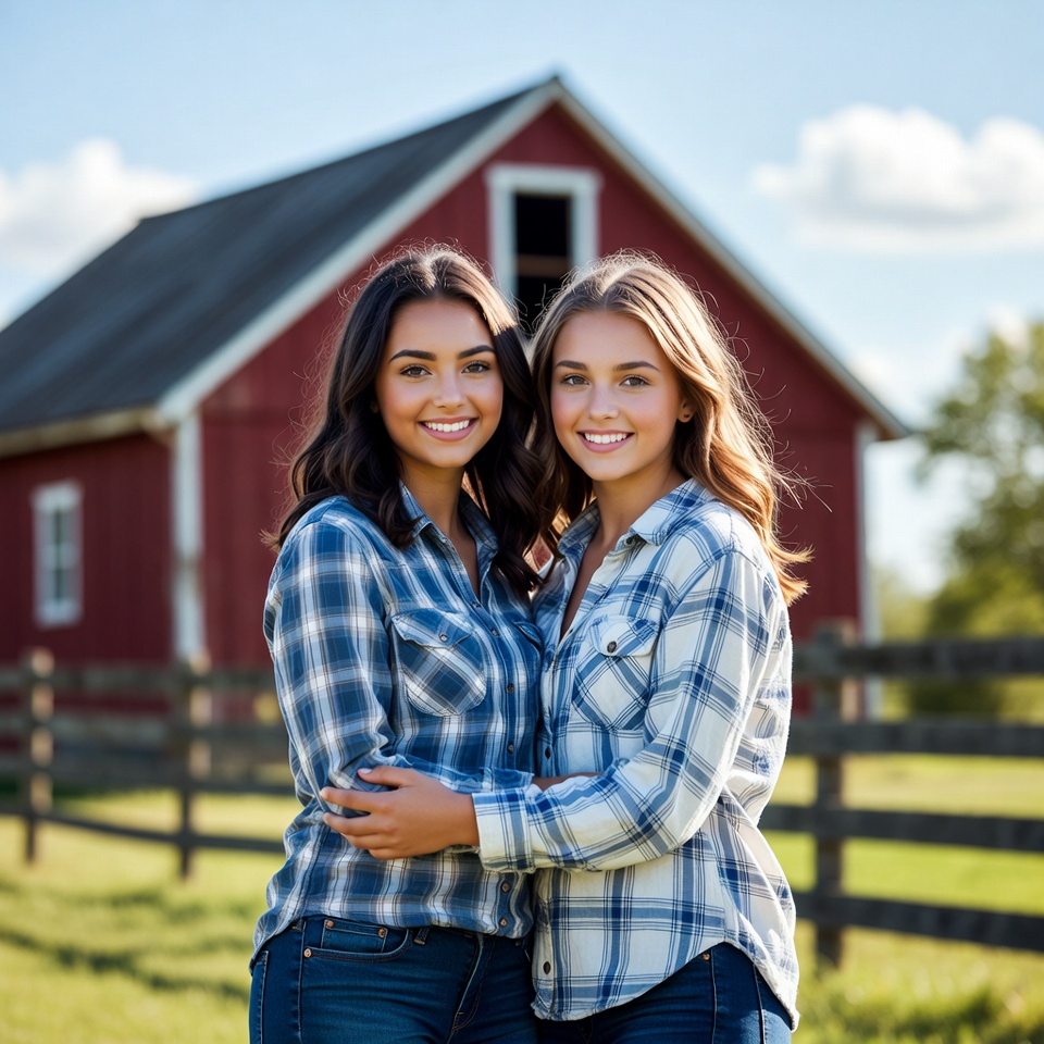 Two women hugging in front of red barn Two women hugging in front of red barn